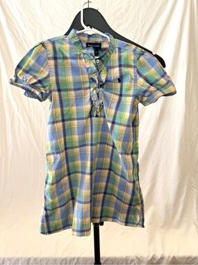 Ralph Lauren Plaid Ruffle-Front Tunic in Blue, Green & Yellow